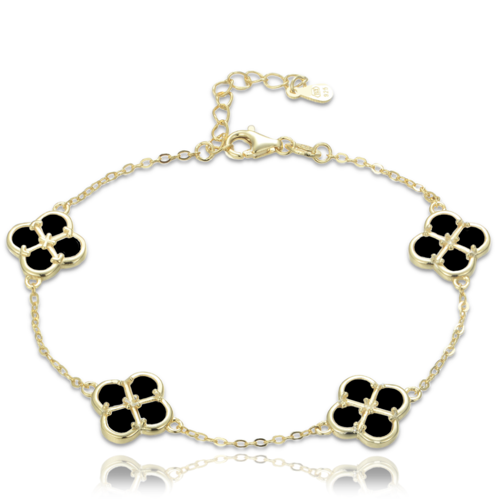 MINET Pozlacený stříbrný náramek čtyřlístky s černou perletí