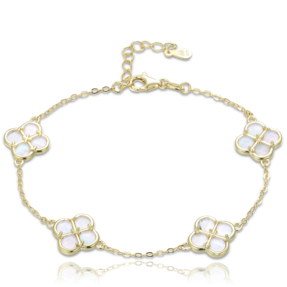 MINET Pozlacený stříbrný náramek čtyřlístky s bílou perletí