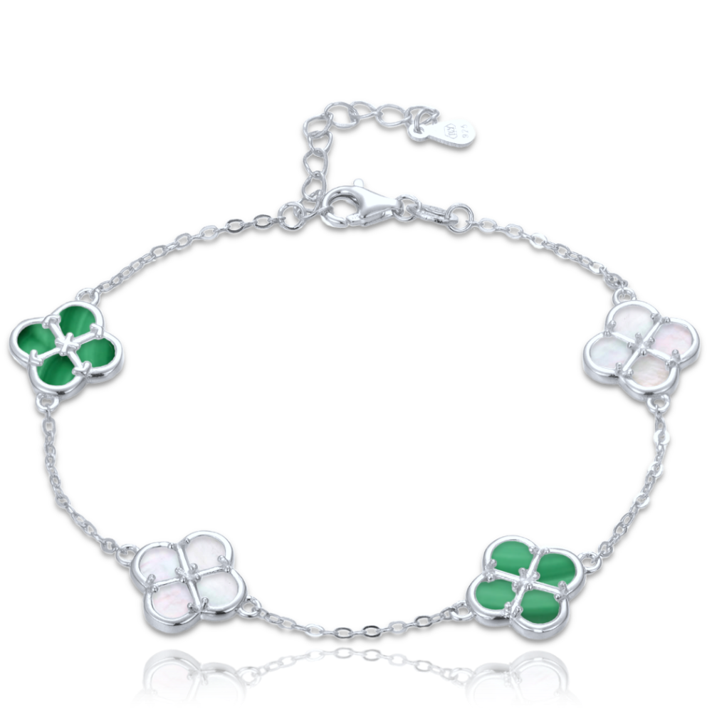 MINET Stříbrný náramek čtyřlístky s bílou perletí a malachitem