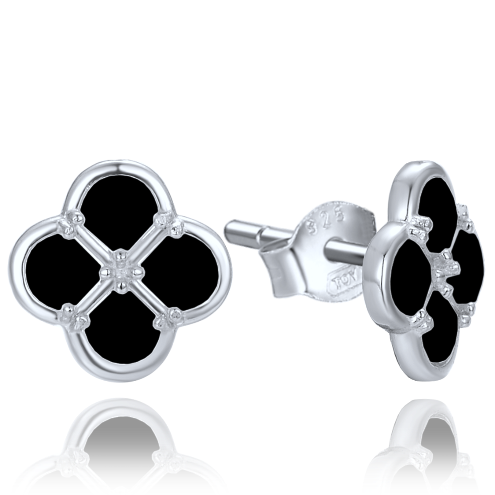 MINET Stříbrné náušnice čtyřlístky s černou perletí JMAS7058CE01