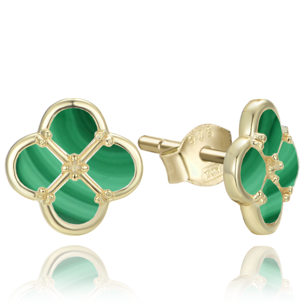 MINET Pozlacené stříbrné náušnice čtyřlístky s malachitem JMAS7058GE01