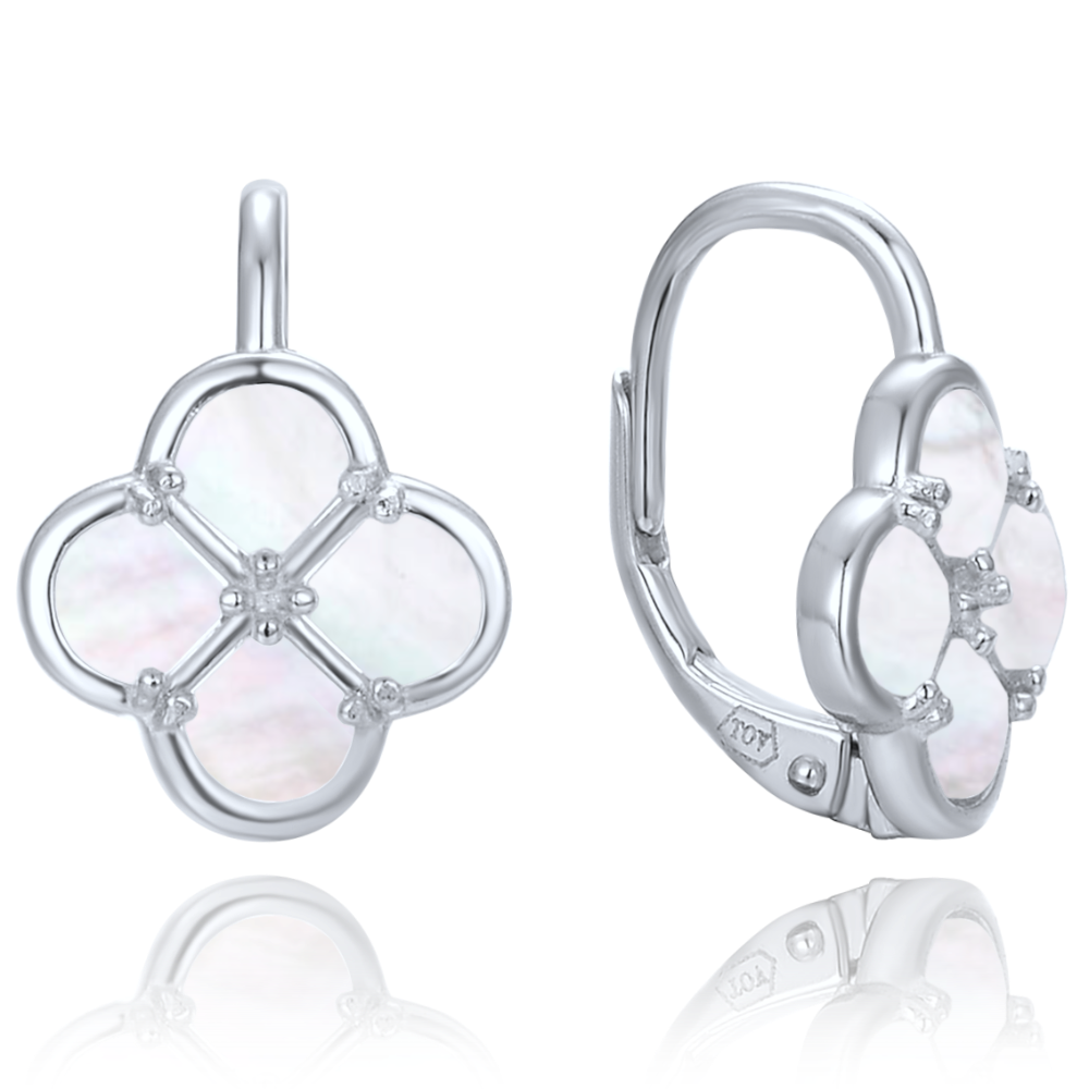 MINET Stříbrné náušnice čtyřlístky s bílou perletí