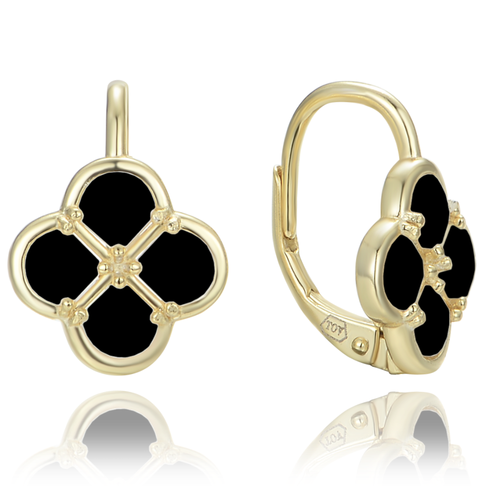 MINET Pozlacené stříbrné náušnice čtyřlístky s černou perletí JMAS7058XE00