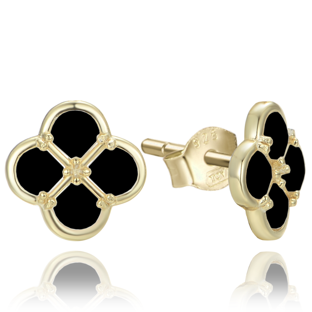 MINET Pozlacené stříbrné náušnice čtyřlístky s černou perletí JMAS7058XE01