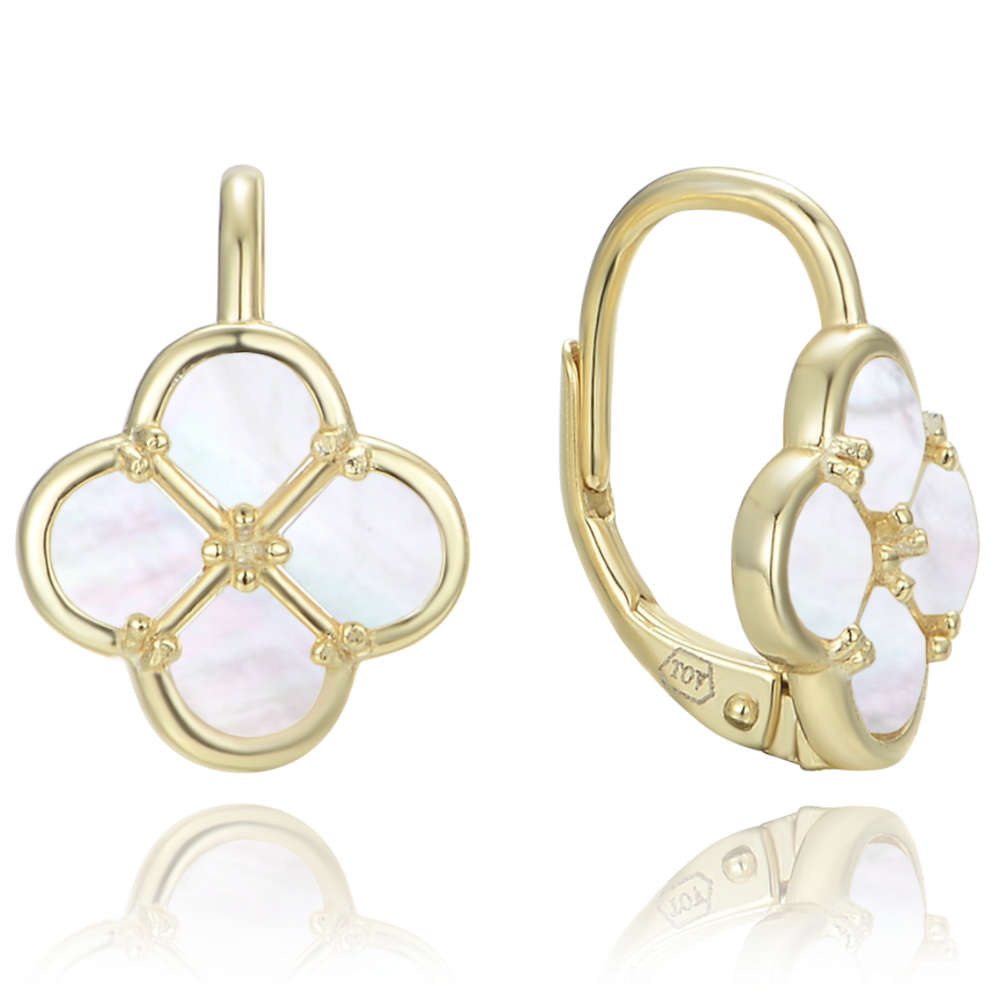 MINET Pozlacené stříbrné náušnice čtyřlístky s bílou perletí JMAS7058YE00