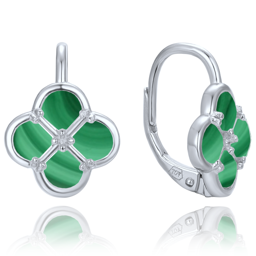 MINET Stříbrné náušnice čtyřlístky s malachitem JMAS7058ZE00