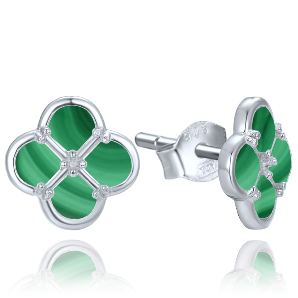 MINET Stříbrné náušnice čtyřlístky s malachitem