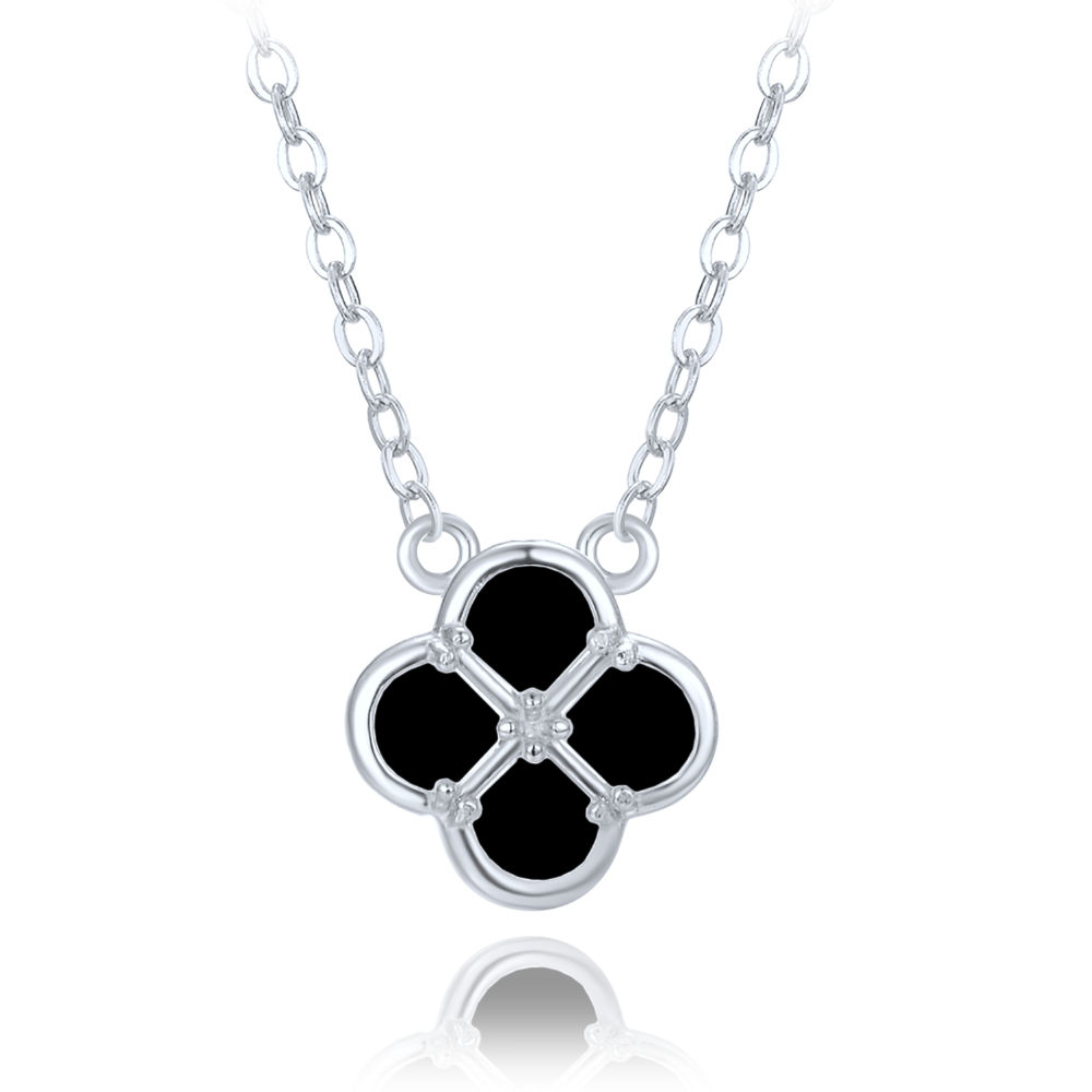 MINET Stříbrný náhrdelník čtyřlístek s černou perletí JMAS7058CN47