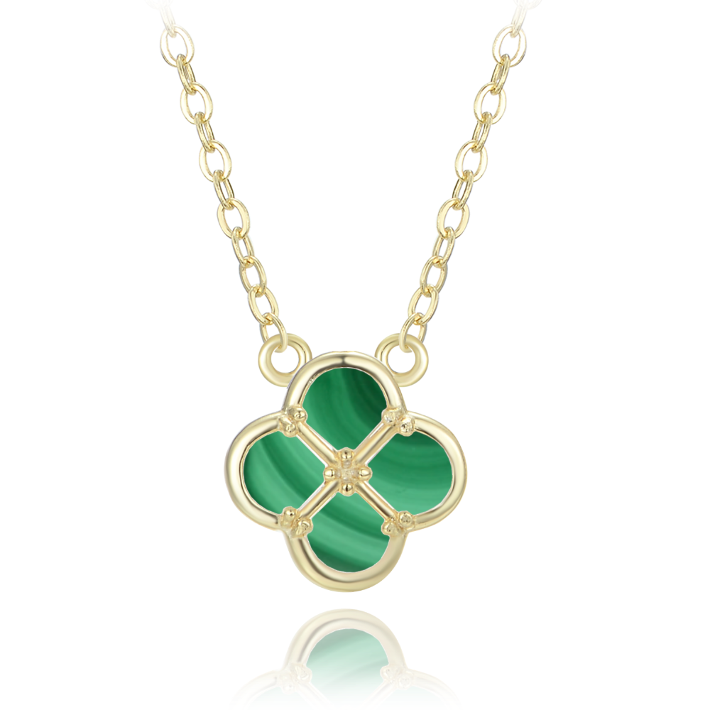 MINET Pozlacený stříbrný náhrdelník čtyřlístek s malachitem