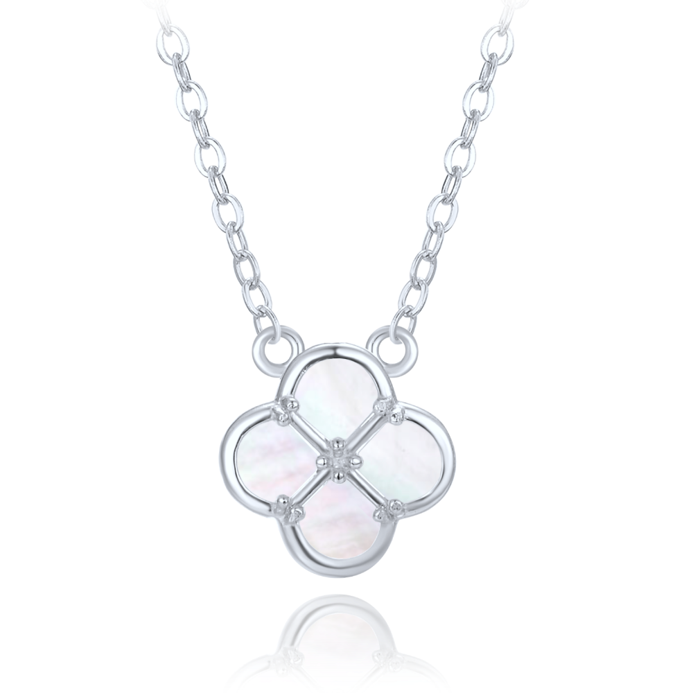 MINET Stříbrný náhrdelník čtyřlístek s bílou perletí JMAS7058WN47
