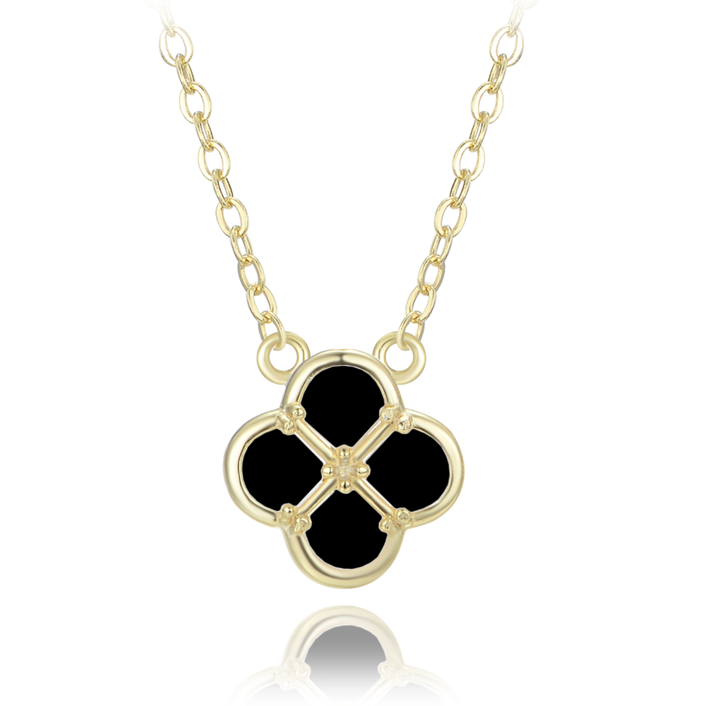 MINET Pozlacený stříbrný náhrdelník čtyřlístek s černou perletí JMAS7058XN47