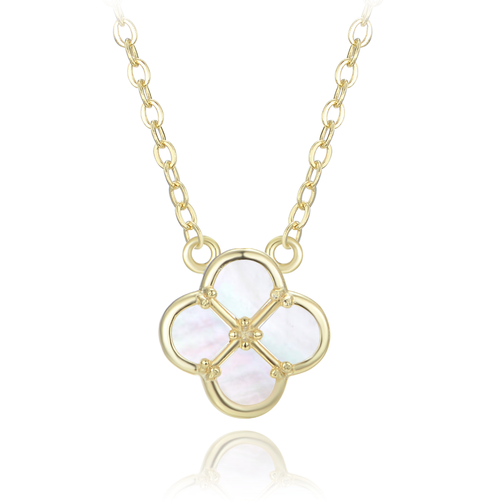 MINET Pozlacený stříbrný náhrdelník čtyřlístek s bílou perletí