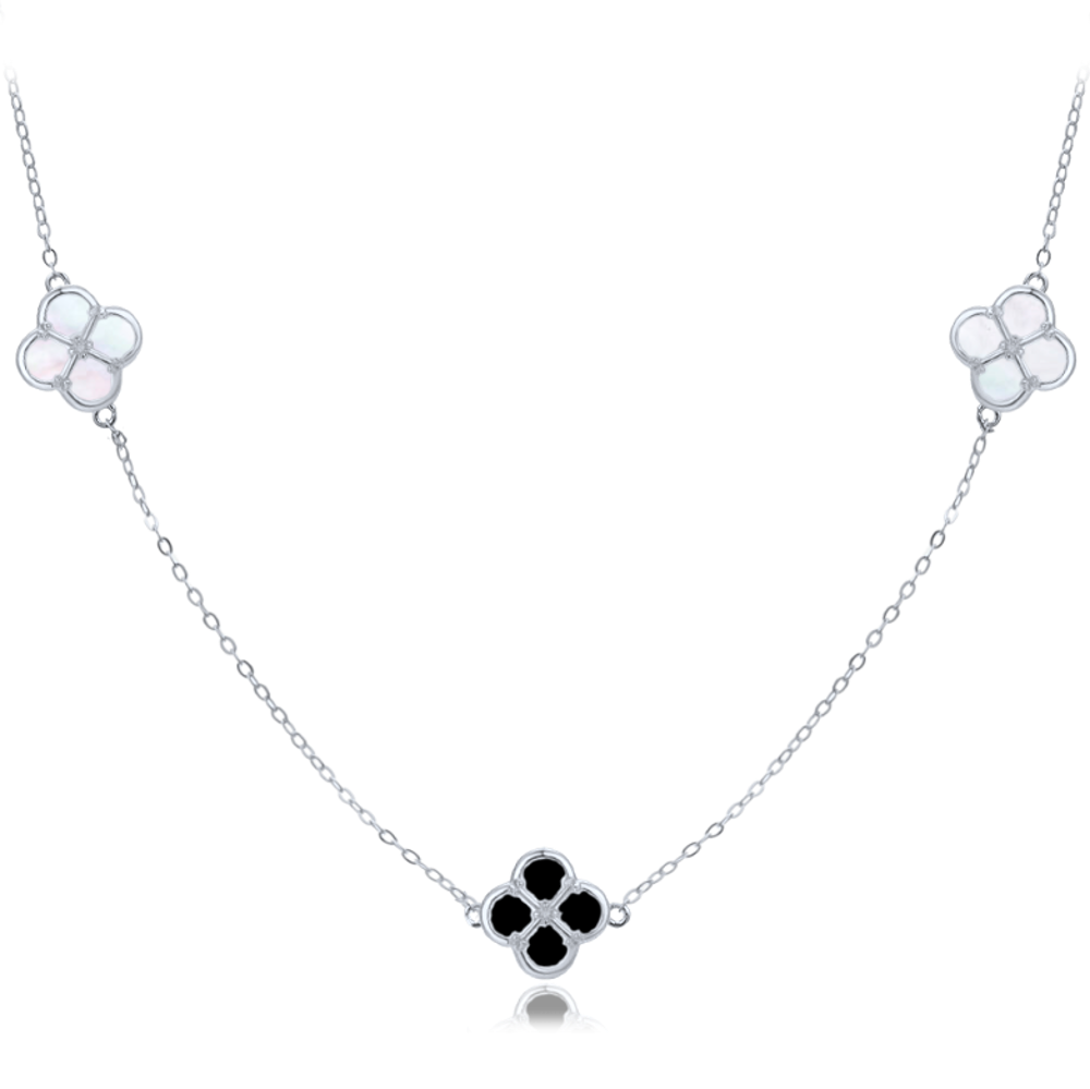 MINET Stříbrný náhrdelník čtyřlístky s bílou a černou perletí