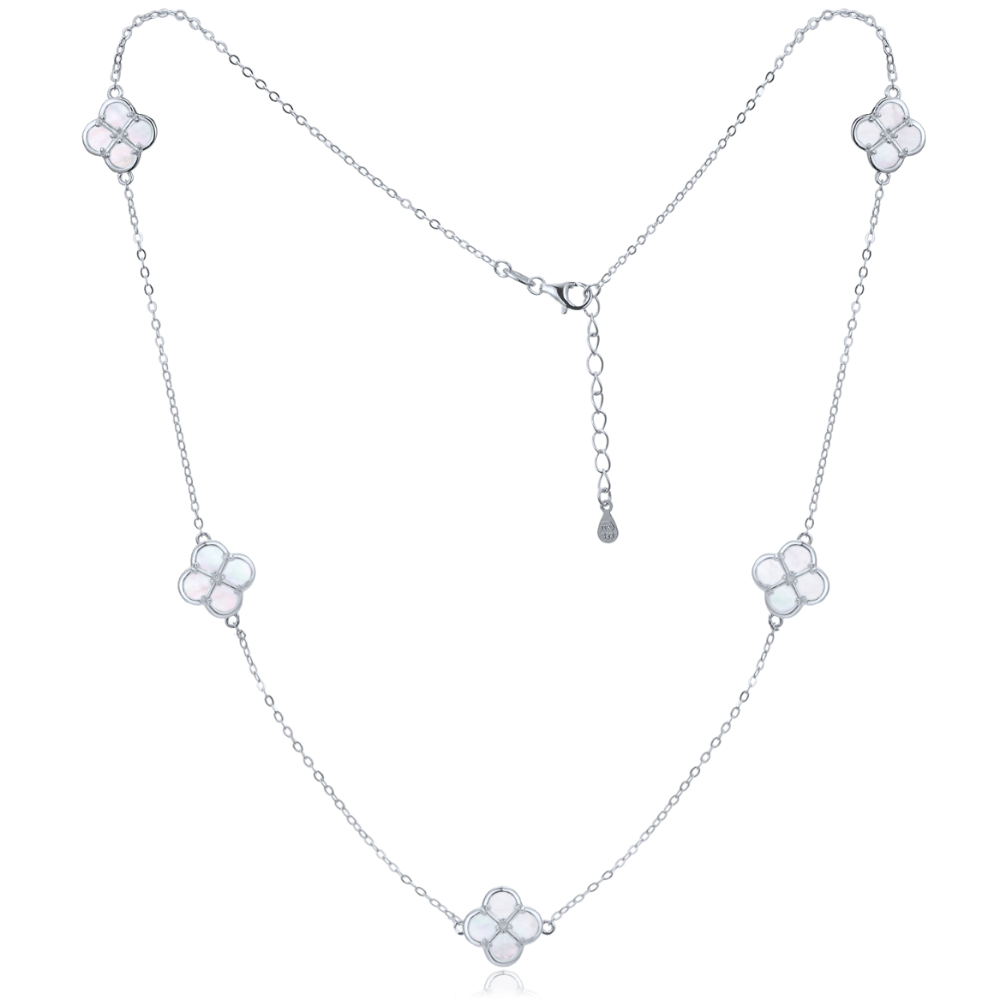 MINET Stříbrný náhrdelník čtyřlístky s bílou perletí JMAS7058WN50