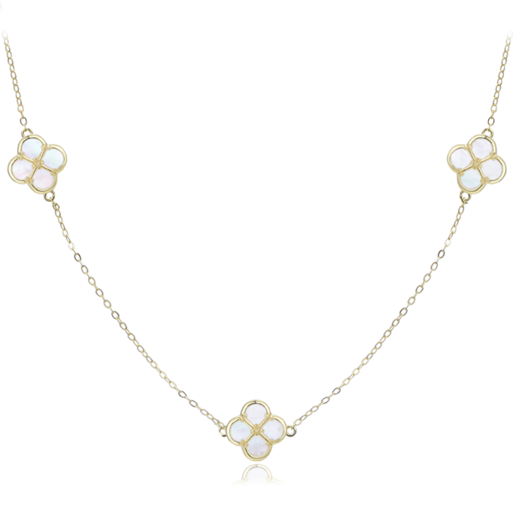 MINET Pozlacený stříbrný náhrdelník čtyřlístky s bílou perletí