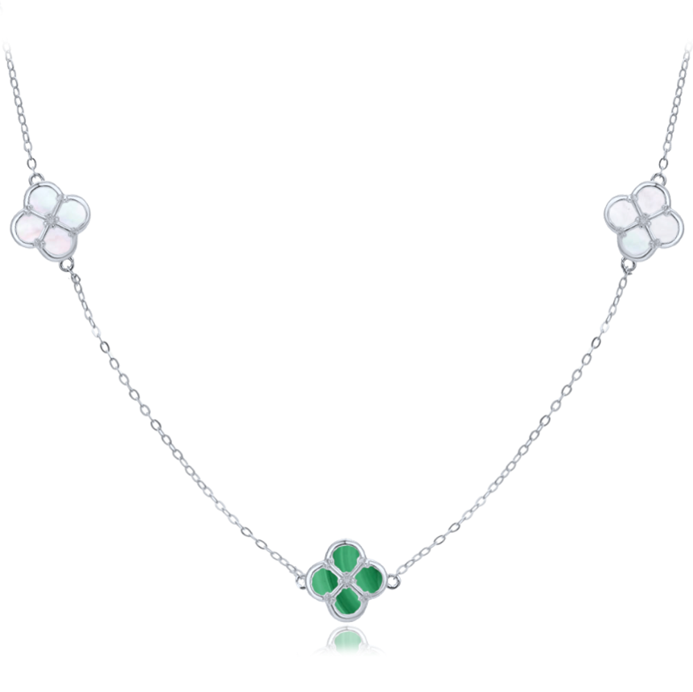 MINET Stříbrný náhrdelník čtyřlístky s bílou perletí a malachitem JMAS7058ZN50