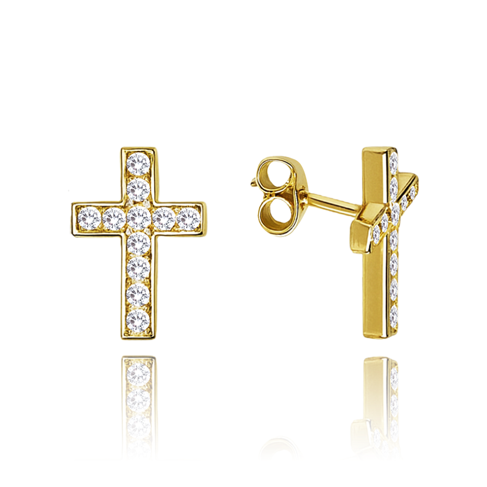 MINET Luxusní zlaté náušnice křížky s bílými zirkony Au 585/1000 1,10g