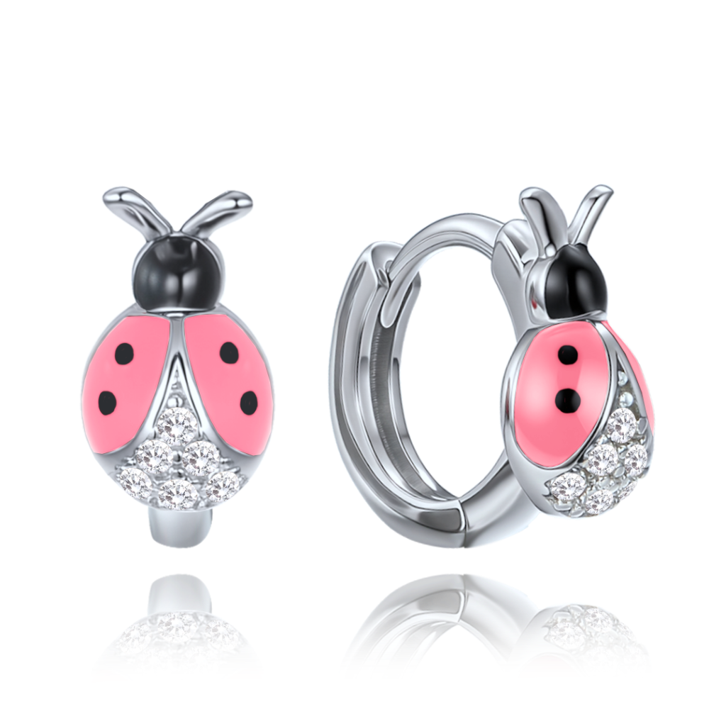 MINET Dětské stříbrné náušnice růžové berušky vykládané zirkony JMAD0062PE00