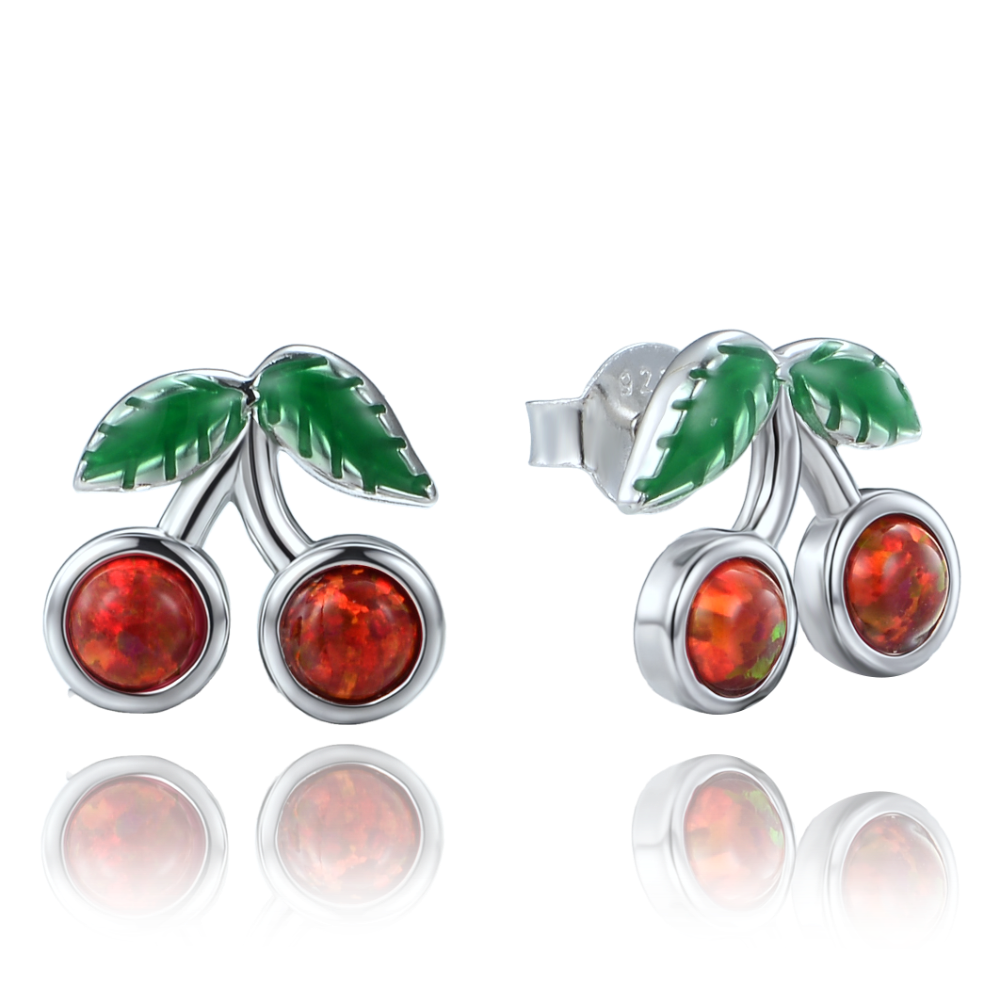 MINET Dětské stříbrné náušnice třešně s červeným opálem a bílými zirkony JMAN8002CE00