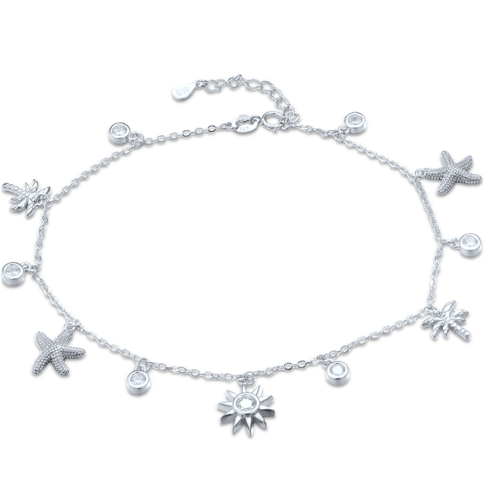 MINET Stříbrný řetízek na kotník s hvězdicemi, palmami, sluncem a bílými zirkony