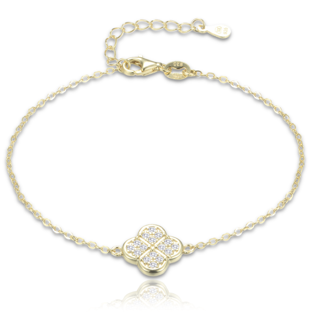 MINET Pozlacený stříbrný náramek čtyřlístek s bílými zirkony