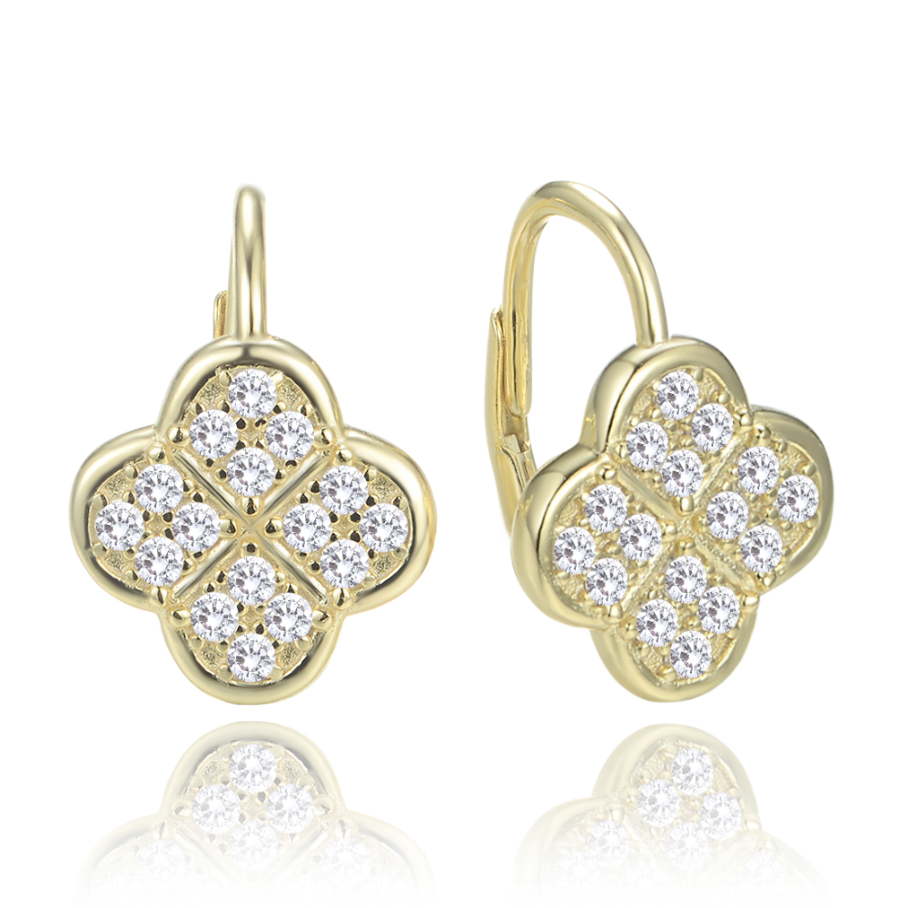 MINET Pozlacené stříbrné náušnice čtyřlístky s bílými zirkony