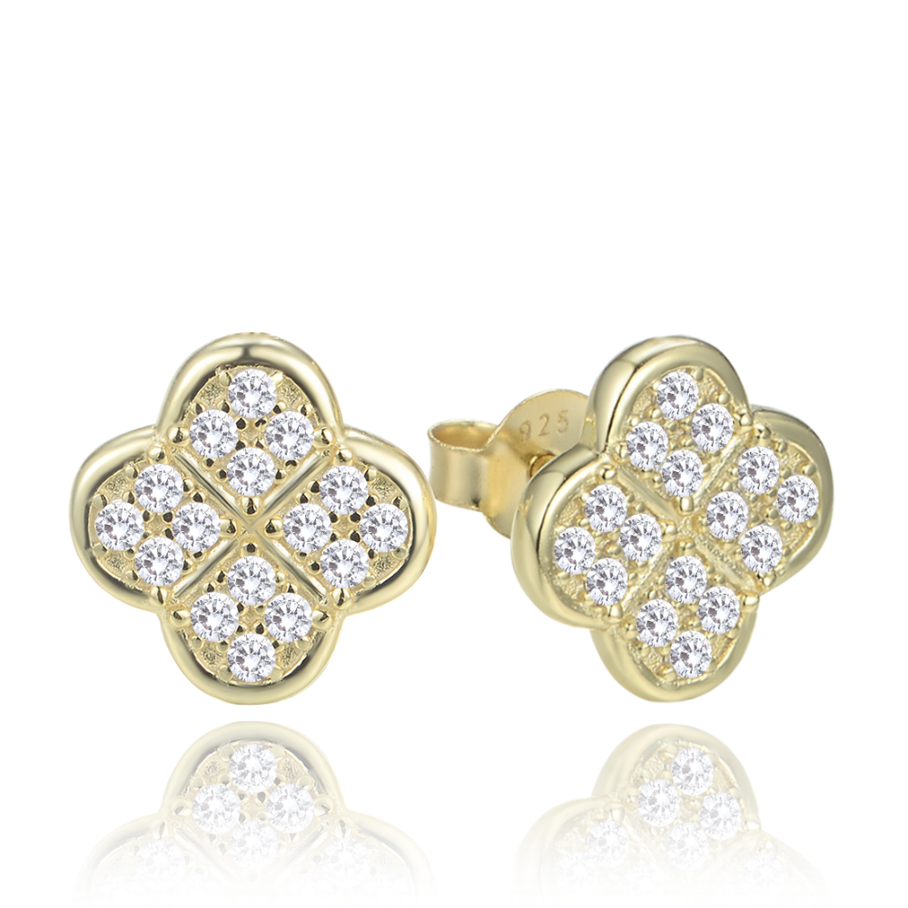 MINET Pozlacené stříbrné náušnice čtyřlístky s bílými zirkony
