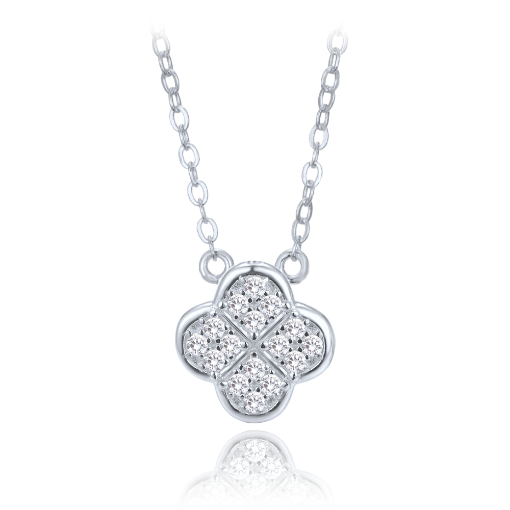 MINET Stříbrný náhrdelník čtyřlístek s bílými zirkony