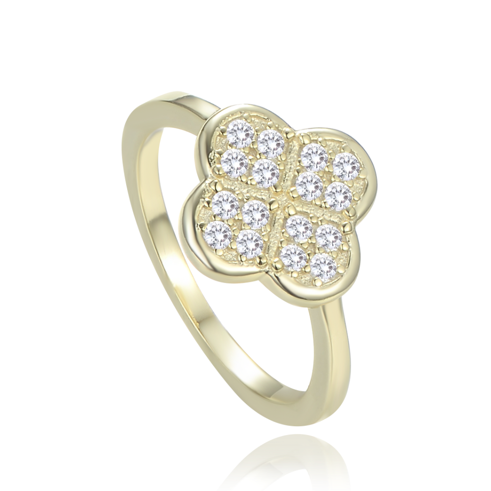 MINET Pozlacený stříbrný prsten čtyřlístek s bílými zirkony vel. 50 JMAS7058UR50