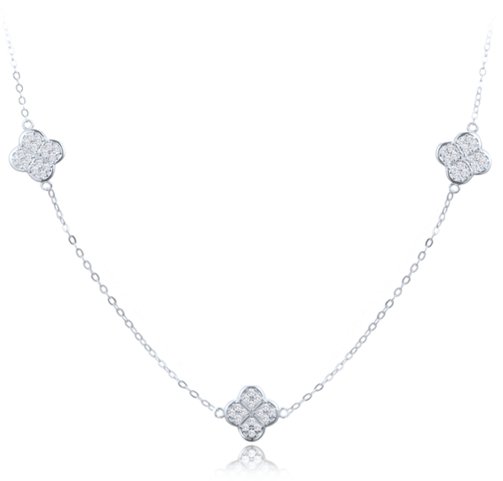 MINET Stříbrný náhrdelník čtyřlístky s bílými zirkony JMAS7058SN50