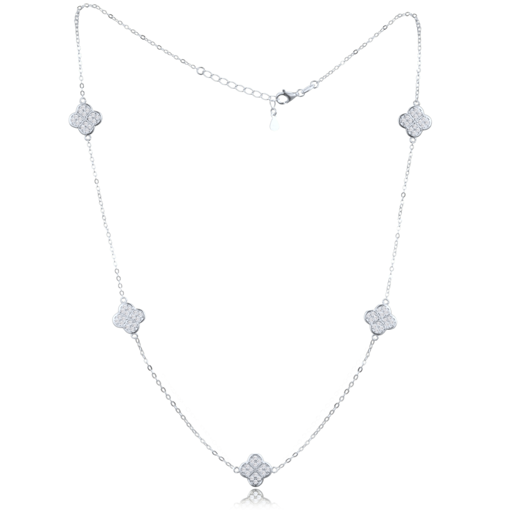 MINET Stříbrný náhrdelník čtyřlístky s bílými zirkony JMAS7058SN50
