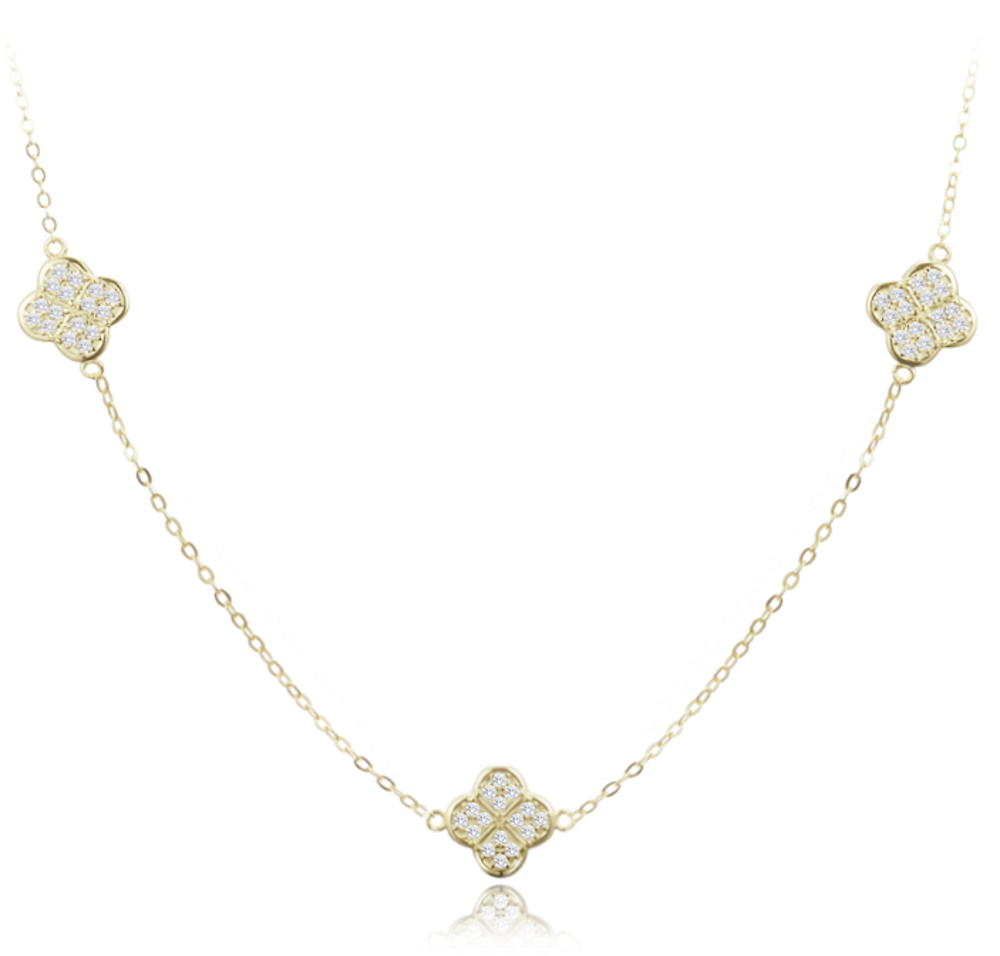 MINET Pozlacený stříbrný náhrdelník čtyřlístky s bílými zirkony
