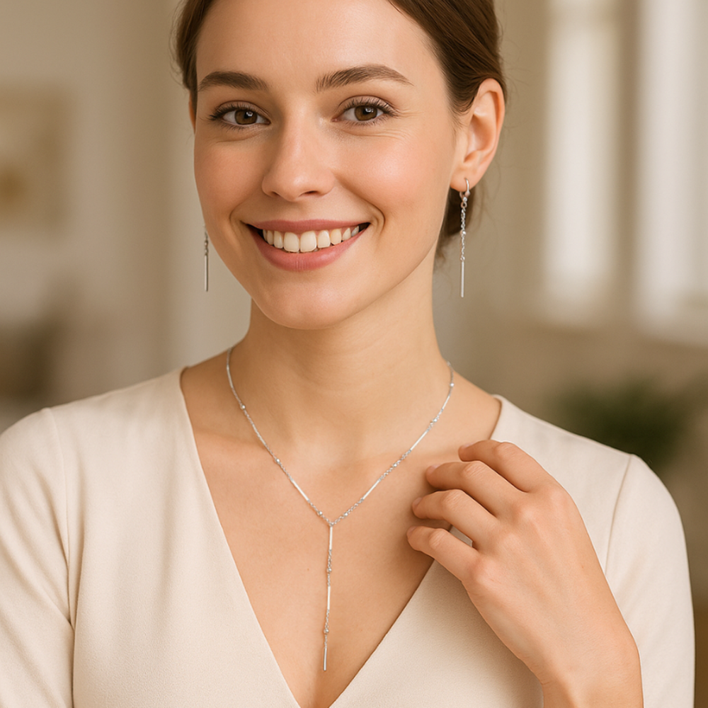 MINET Elegantní stříbrný náhrdelník s tyčkami, kuličkami a visícím řetízkem JMAS0303SN47