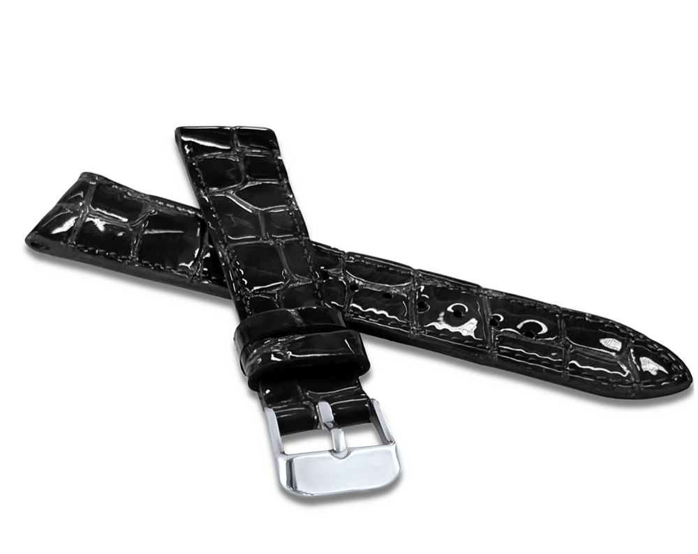 LAVVU Černý lesklý prošitý řemínek CROCO OCALA z luxusní kůže Top Grain - 20 LSAGB20