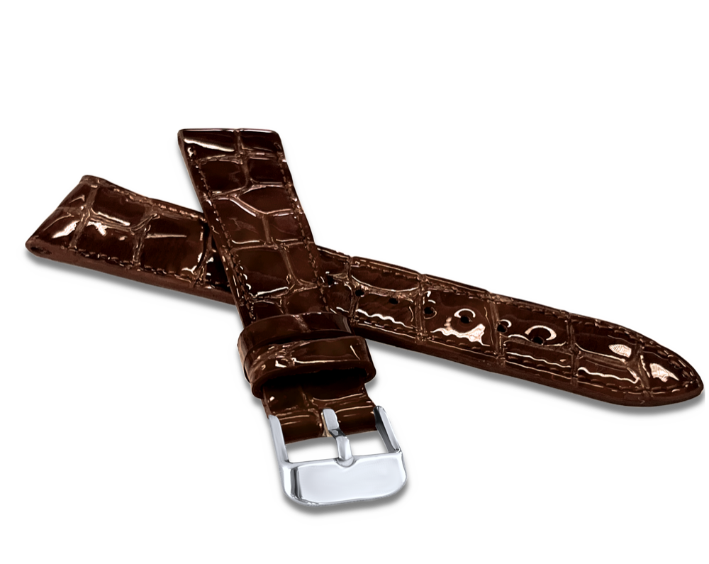 LAVVU Lesklý tmavě hnědý prošitý řemínek CROCO OCALA z luxusní kůže Top Grain - 18 LSAGC18