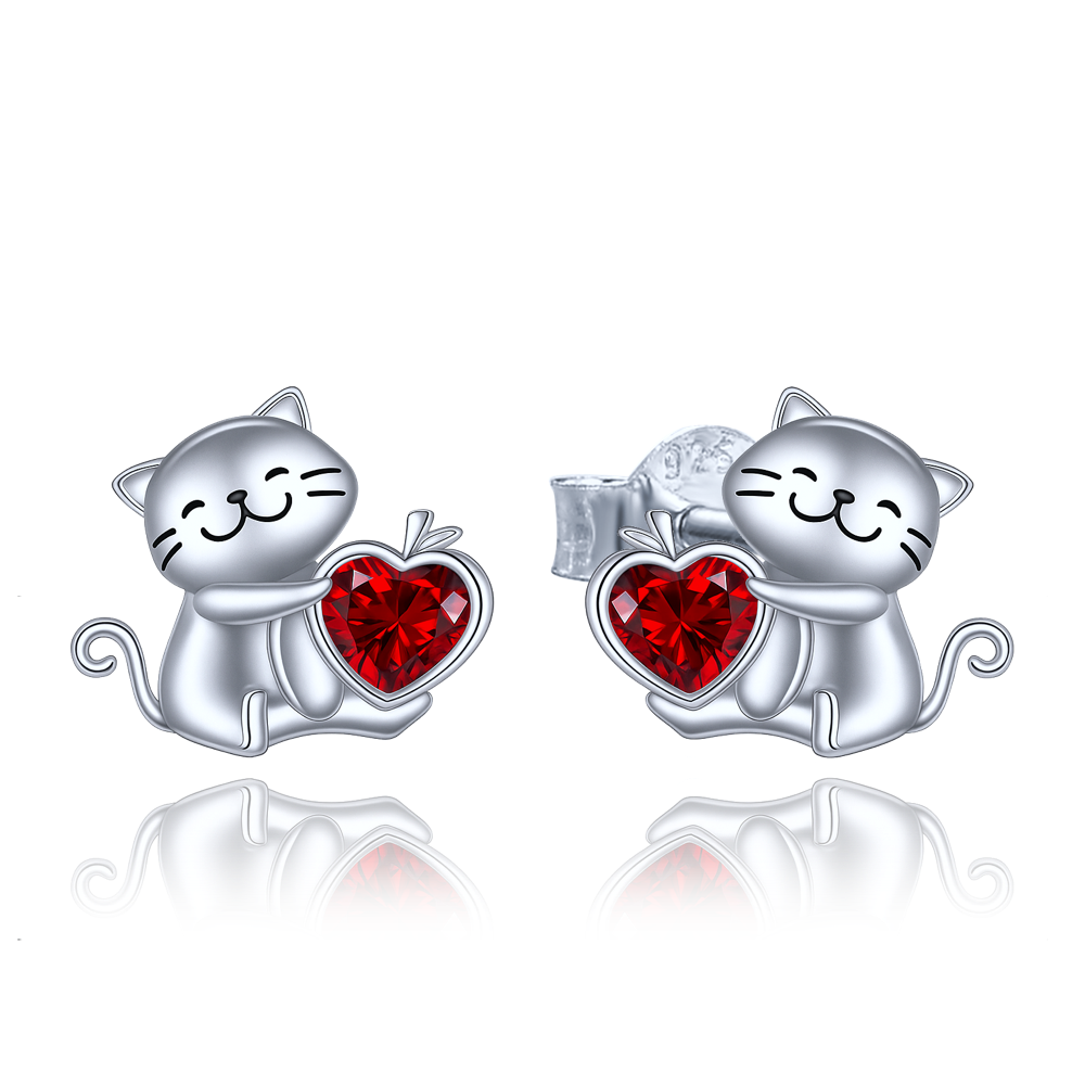 MINET Stříbrné náušnice kočky se srdíčkem s červenými zirkony
