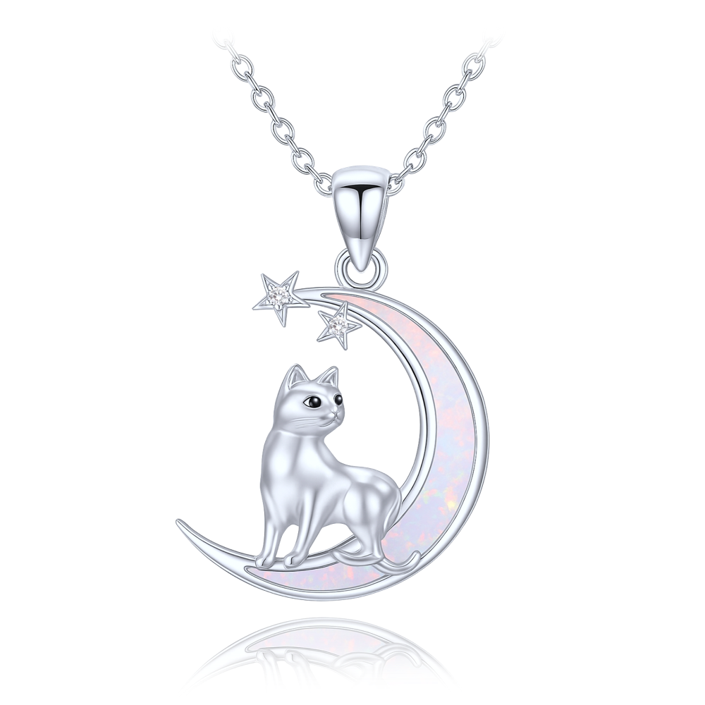 MINET Stříbrný náhrdelník kočka na měsíci s bílými a černými zirkony a bílým opálem JMAN0666WN45