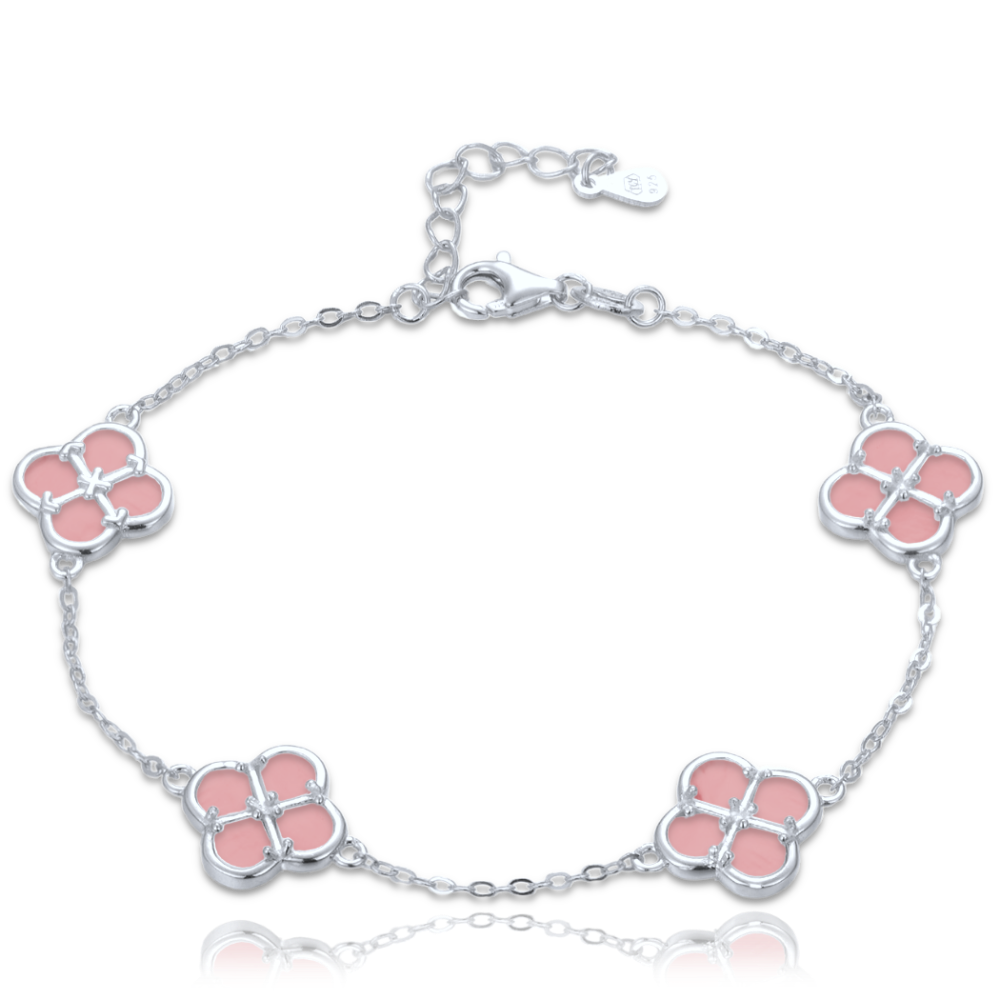 MINET Stříbrný náramek čtyřlístky s jadeity JMAS7058RB20