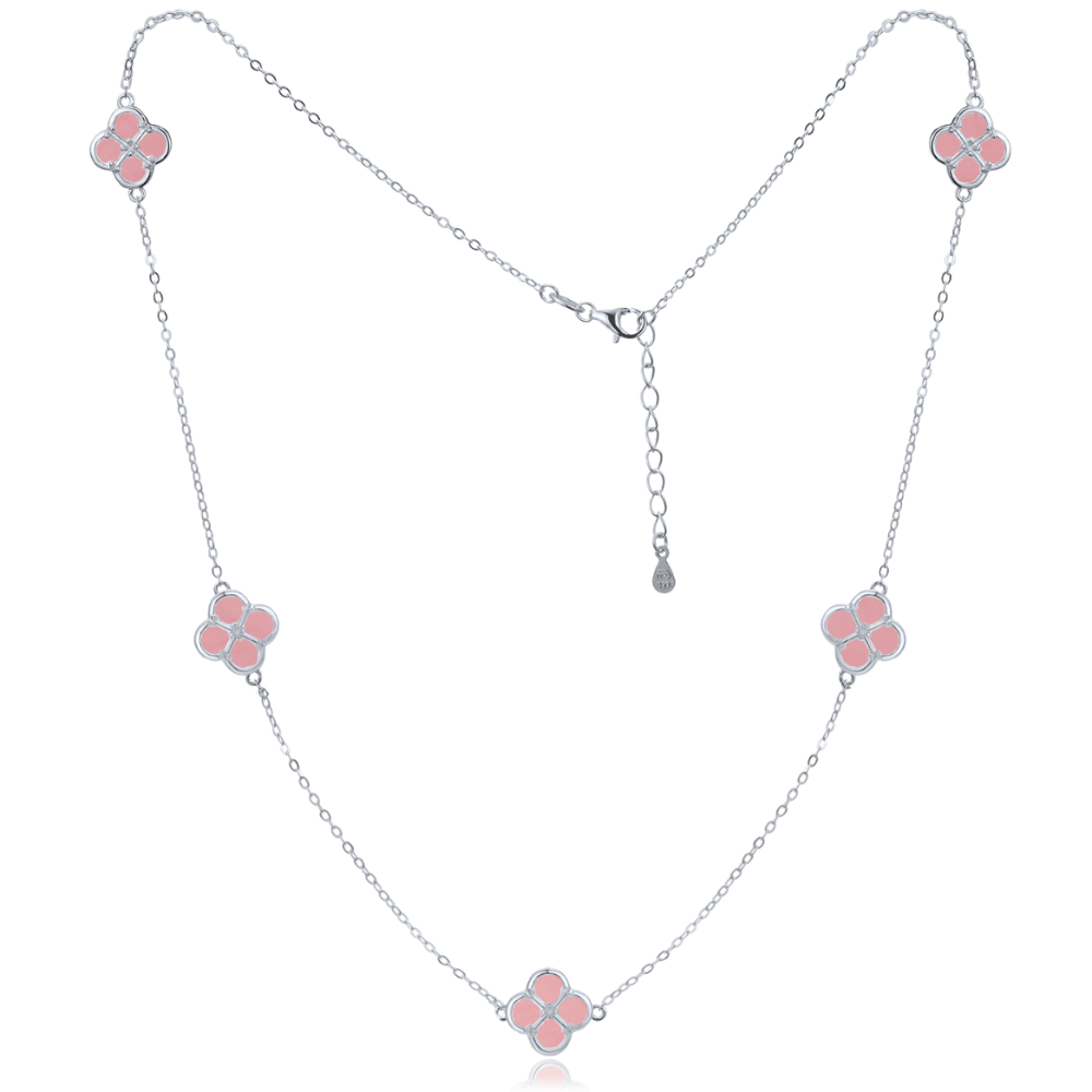 MINET Stříbrný náhrdelník čtyřlístky s jadeity JMAS7058RN50 