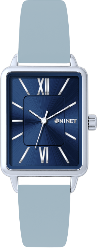 MINET Stříbrno-modré dámské hodinky SIENA s šedým koženým řemínkem MWL5407