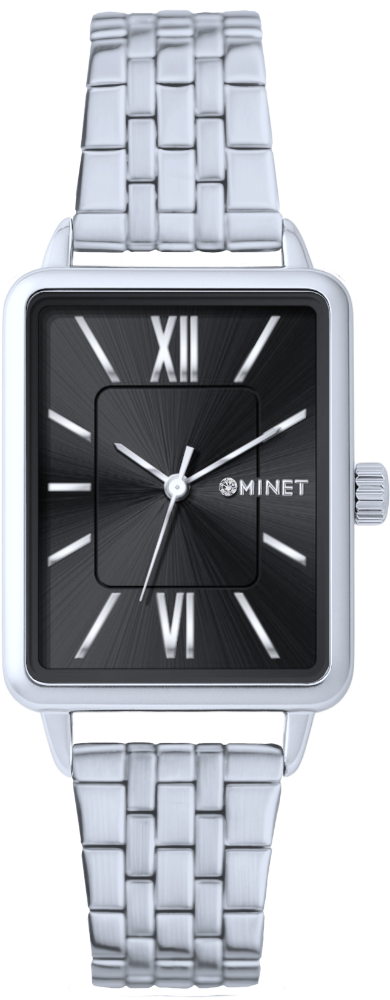 MINET Stříbrno-černé dámské hodinky SIENA se stříbrným ocelovým řemínkem  MWL5409
