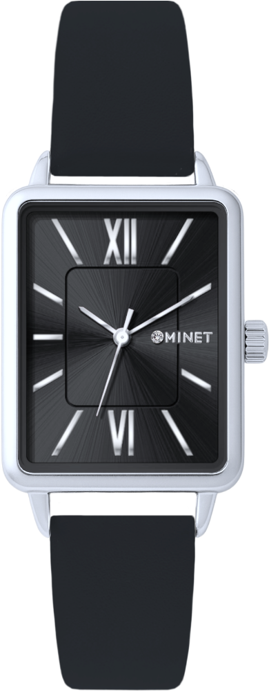 MINET Stříbrno-černé dámské hodinky SIENA s černým koženým řemínkem MWL5411