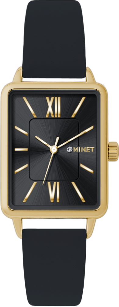 MINET Zlato-černé dámské hodinky SIENA s černým koženým řemínkem MWL5425