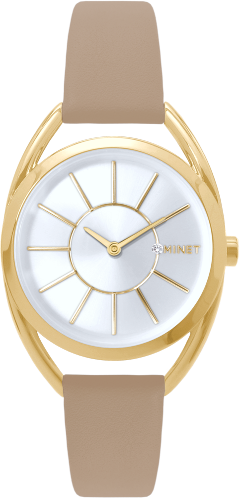 MINET Stříbrno-zlaté dámské hodinky ICON GOLD s béžovým koženým řemínkem MWL5238
