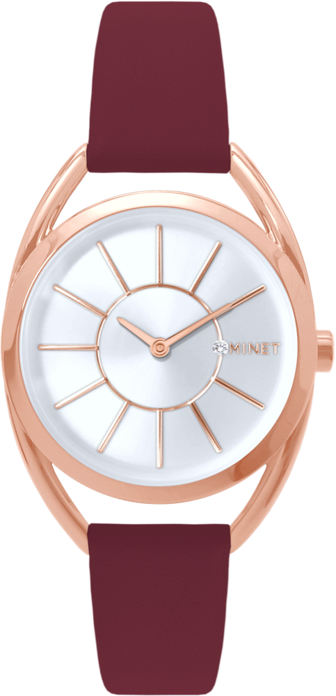 MINET Rose gold dámské hodinky ICON PINK s vínovým koženým řemínkem MWL5241