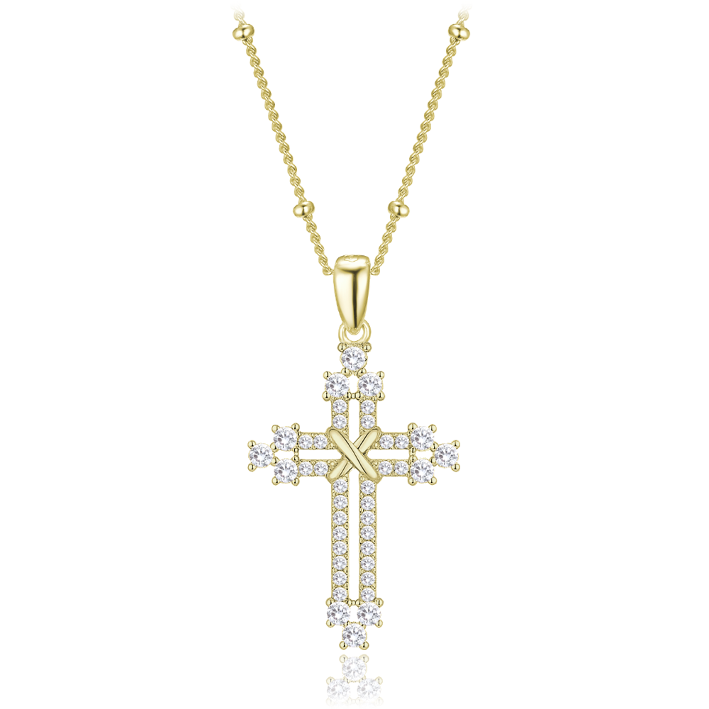 MINET Pozlacený stříbrný náhrdelník křížek se zirkony a řetízek s kuličkami
