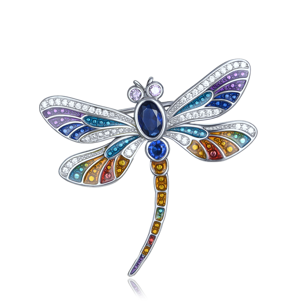 MINET Stříbrná brož vážka s různobarevnými zirkony