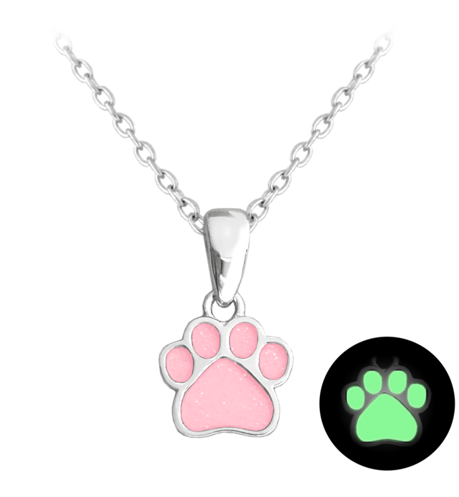 MINET Svítící růžový dětský stříbrný náhrdelník TLAPKA