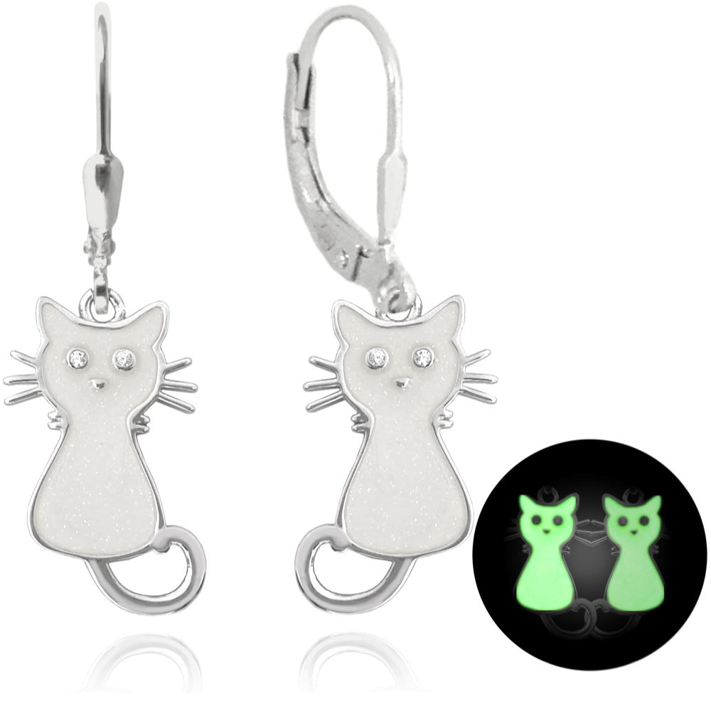 MINET Svítící bílé dětské stříbrné náušnice KOČIČKY