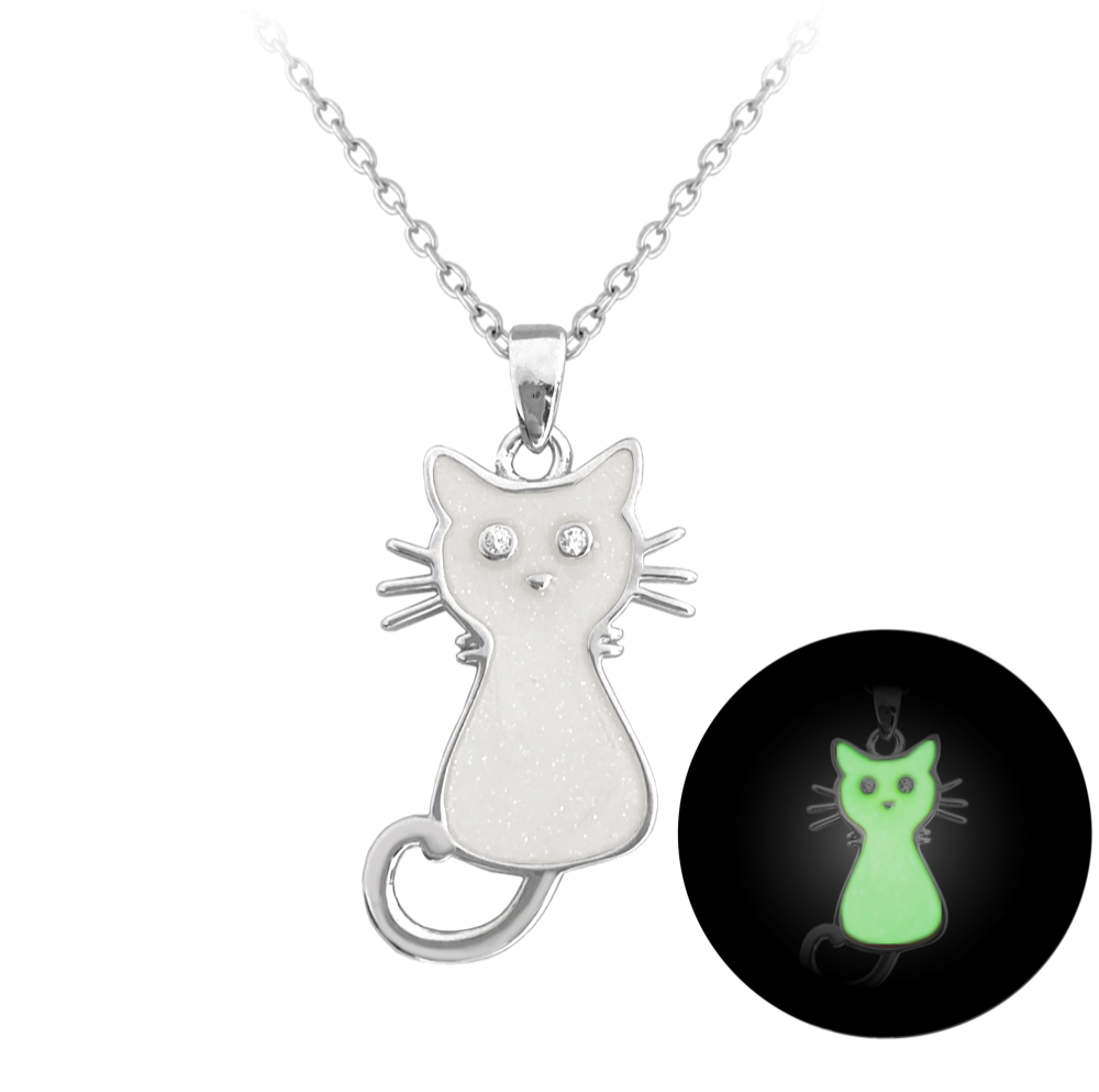 MINET Svítící bílý dětský stříbrný náhrdelník KOČIČKA JMAD0024WN38